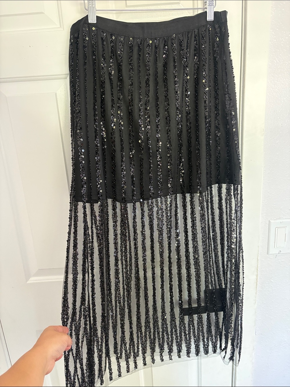 Black Sheer High-Low Sequin Stripe Skirt